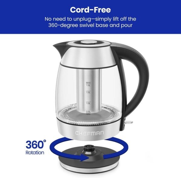 Chefman 1.8L 1500W Glass Electric Kettle with Tea Infuser - Image 2