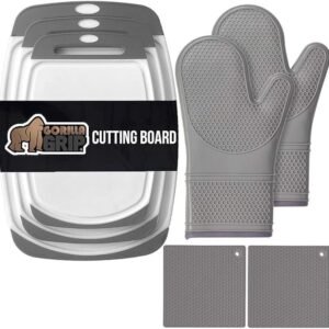 Gorilla Grip Cutting Board Set of 3 and Silicone Oven Mitt and Pot Holder 4 Piece Set