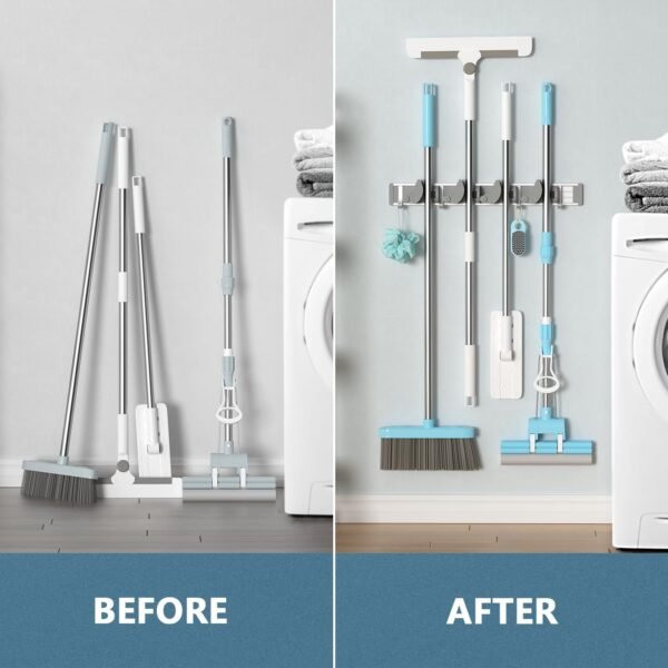 Mop Broom Holder Wall Mount Metal Pantry Organization and Storage Garden Kitchen Tool (4 Positions with 4 Hooks, Silver) - Image 4