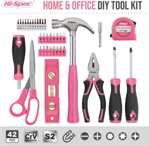 Hi-Spec 42pc Pink Household DIY Tool Set - Image 2