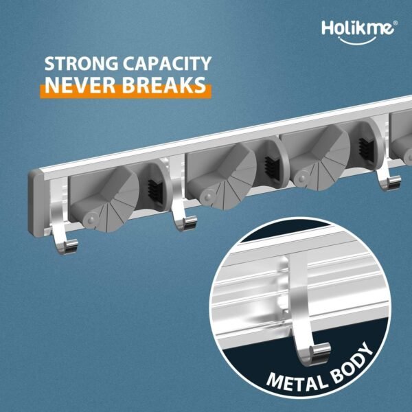 Mop Broom Holder Wall Mount Metal Pantry Organization and Storage Garden Kitchen Tool (4 Positions with 4 Hooks, Silver) - Image 6